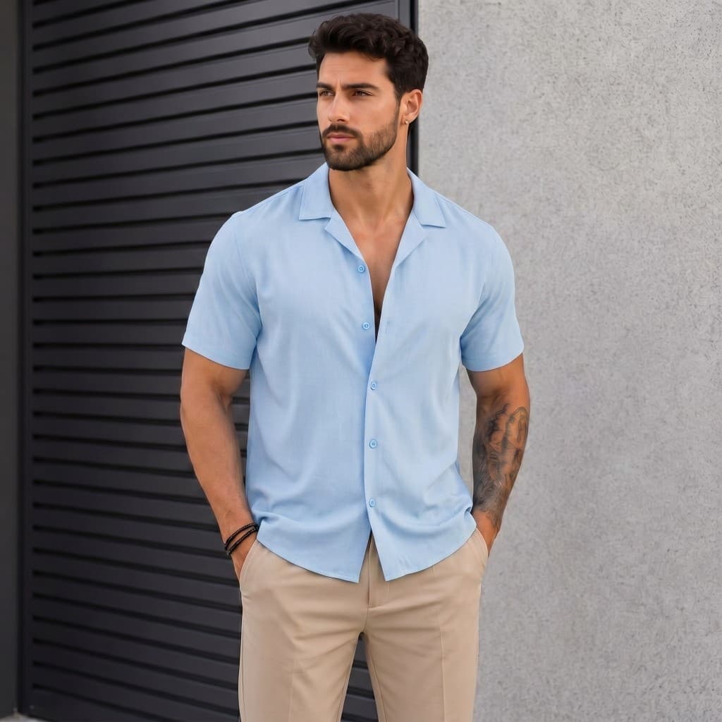 Camisa Social Manga Curta Masculina Slim Fit Liso Botões Gola Cubana