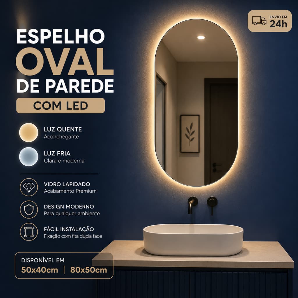 Espelho Oval com LED Retroiluminado Vidro Lapidado Banheiro Lavabo Hall Quarto Closet