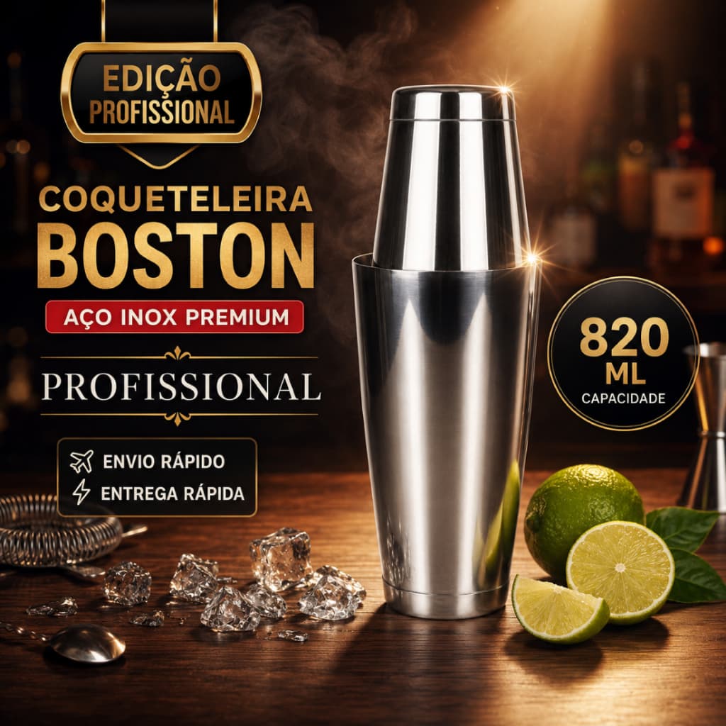 Coqueteleira Boston 820ml - Vedação Perfeita, Base Pesa, Aço Inox Profissional