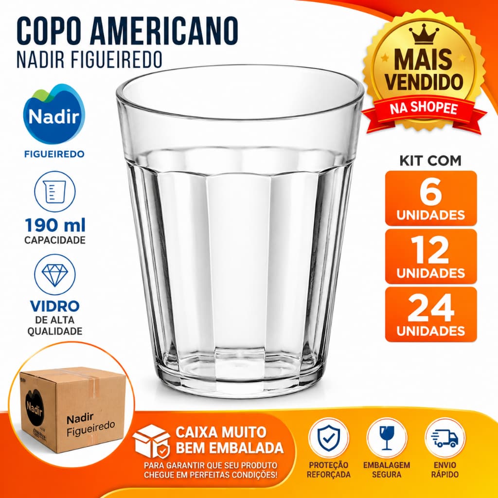 Copo Americano De Vidro 190ml Original Nadir Figueredo Kit 6 12 24 Copo Americano 190ml