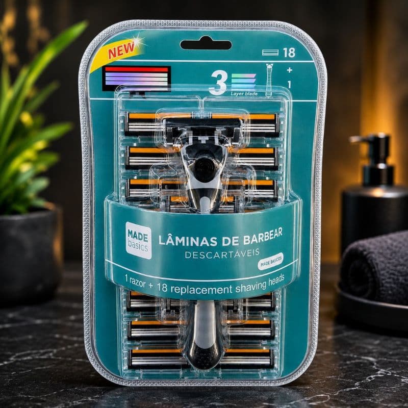 Kit Aparelho De Barbear Premium Recarregavel Com 18 Refis Cartuchos Triplo Laminas Tira Lubrificante
