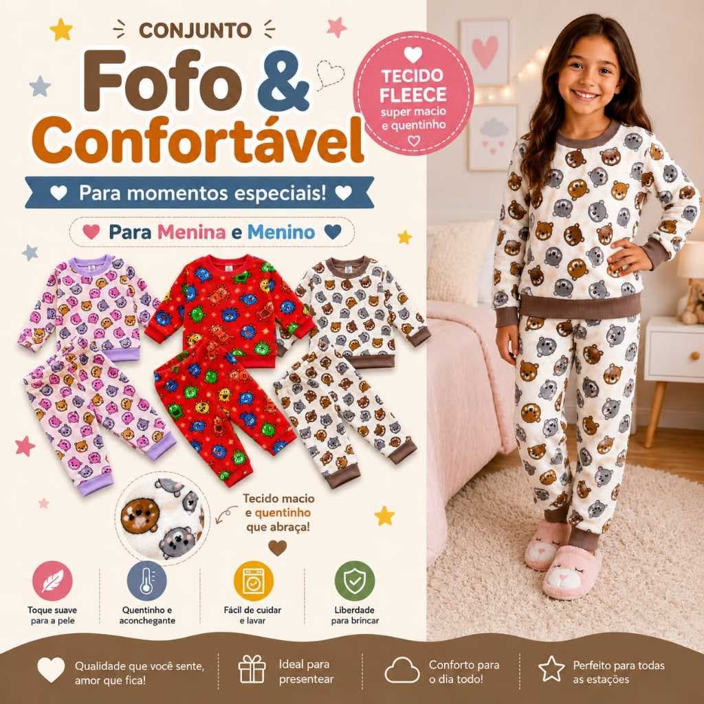 Pijama Infantil Fleece Peluciado Inverno Quentinho Menino e Menina