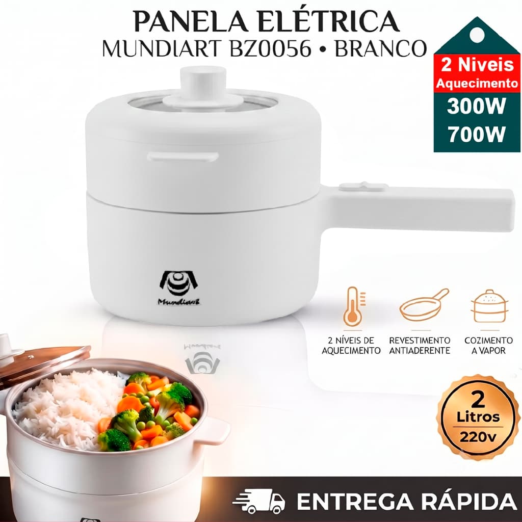 Panela Elétrica Multifuncional Antiaderente 2L Cozimento a Vapor 220V Revestimento Ceramico Branca