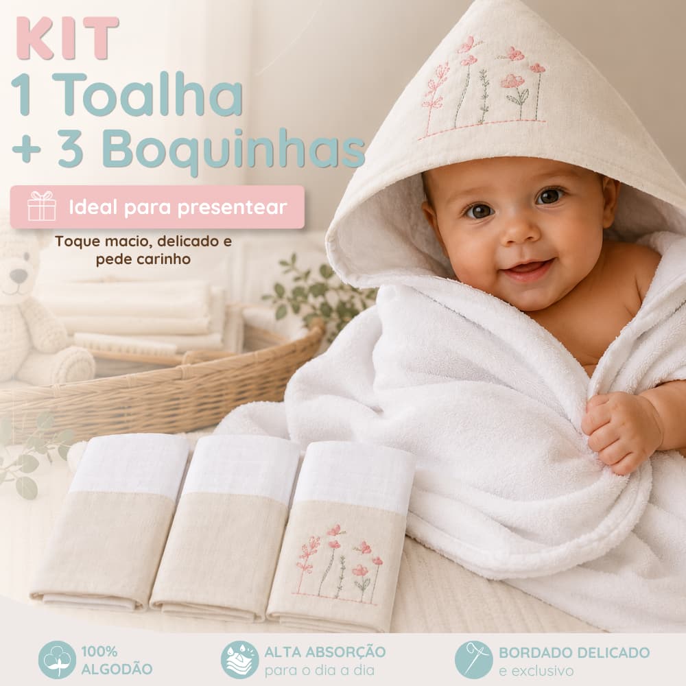 Kit Toalha de Banho Bebê Menina Menino com Capuz Bordado + 3 Fraldas de Pano 100% Algodão Luxo