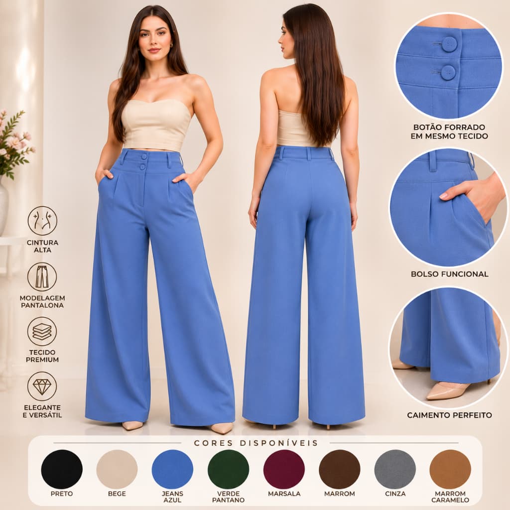Calça Pantalona Feminina Cintura Alta e com Bolso em Tecido Marrant Sensorial Premium
