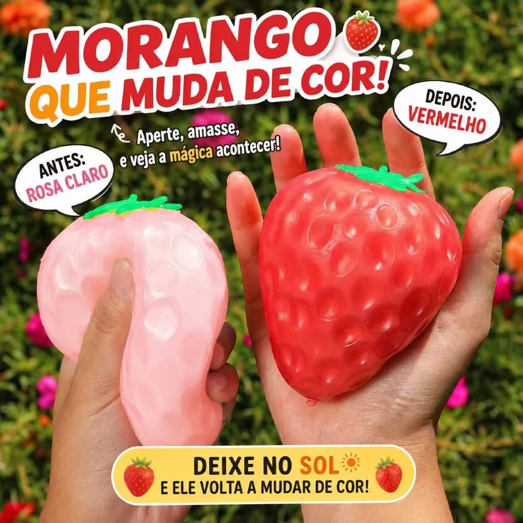 Morango Squishy Antiestresse que Muda de Cor no Sol