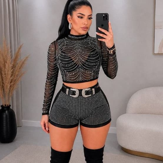 Conjunto Cropped tule Pedraria E Short Curto pedraria stras Brilho