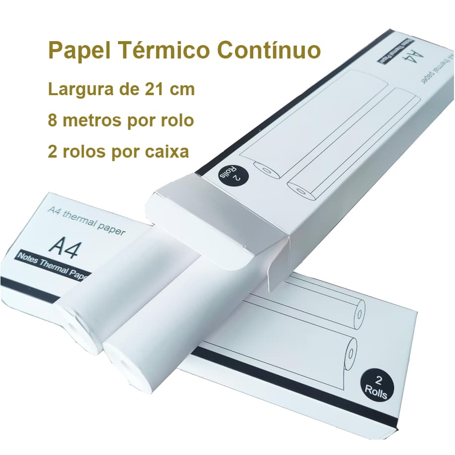 Papel Térmico Contínuo Branco 8 m × 2 Rolos ou 100 Folhas A4 Papel Térmico