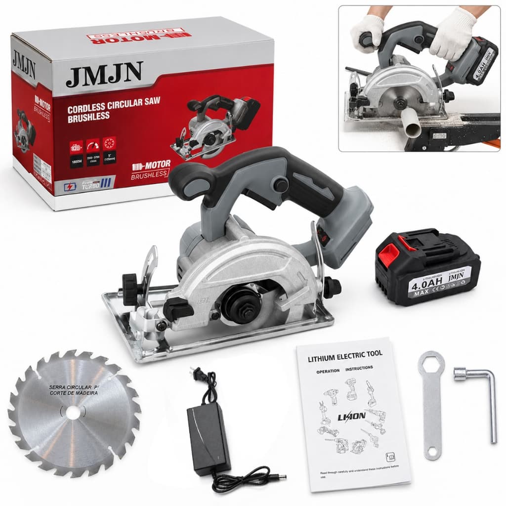 JMJN Serra Circular Sem Fio 48V Brushless com 1 Bateria Alta Potência Profissional Corte Madeira Metal Azulejo Compacta