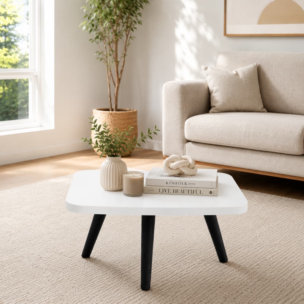Mesa de Centro Baixa Quadrada MDF Branco Pés Pinus Moderna Minimalista Sala