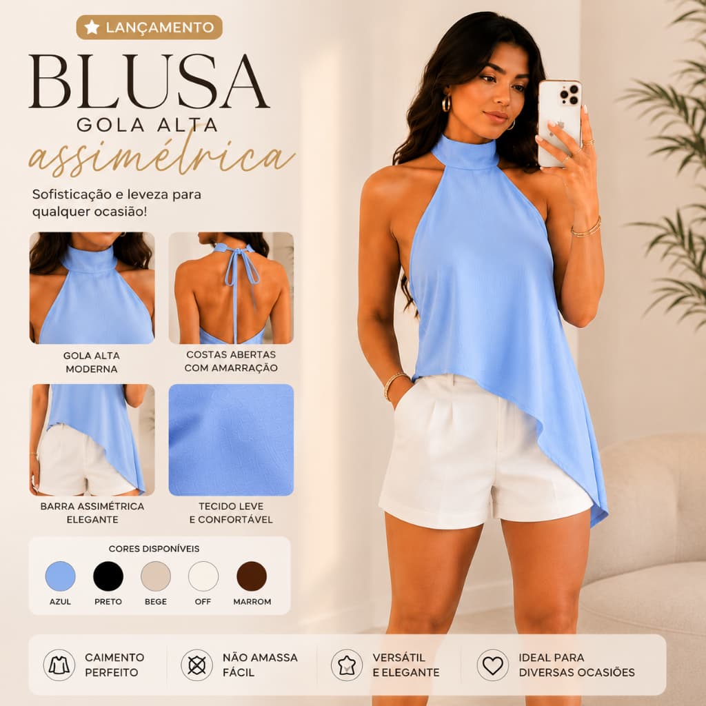 Blusa Feminina Gola Alta Assimétrica Elegante