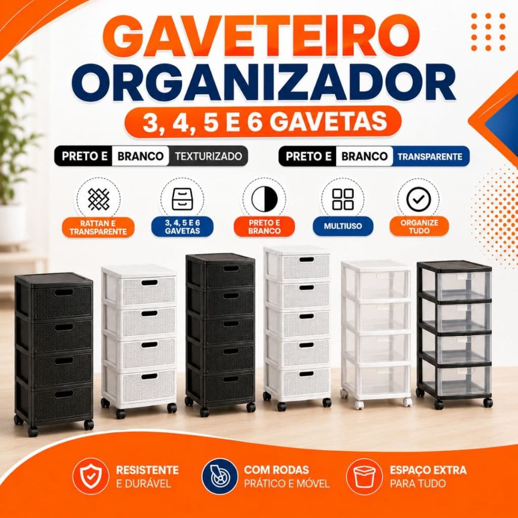 Gaveteiro Organizador com Rodinhas 3, 4, 5 ou 6 Gavetas, Plástico Resistente, Preto/Branco, Multiuso
