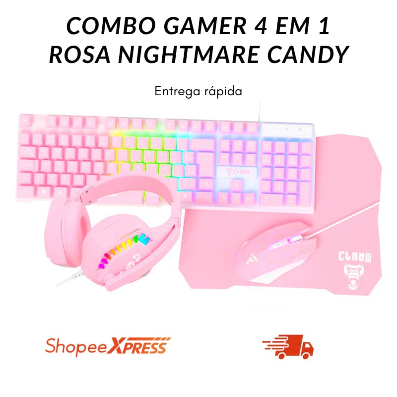 Kit Gamer Combo Gamer Rosa 4 em 1 Teclado, Mouse, Headset e Mouse Pad Nightmare Candy