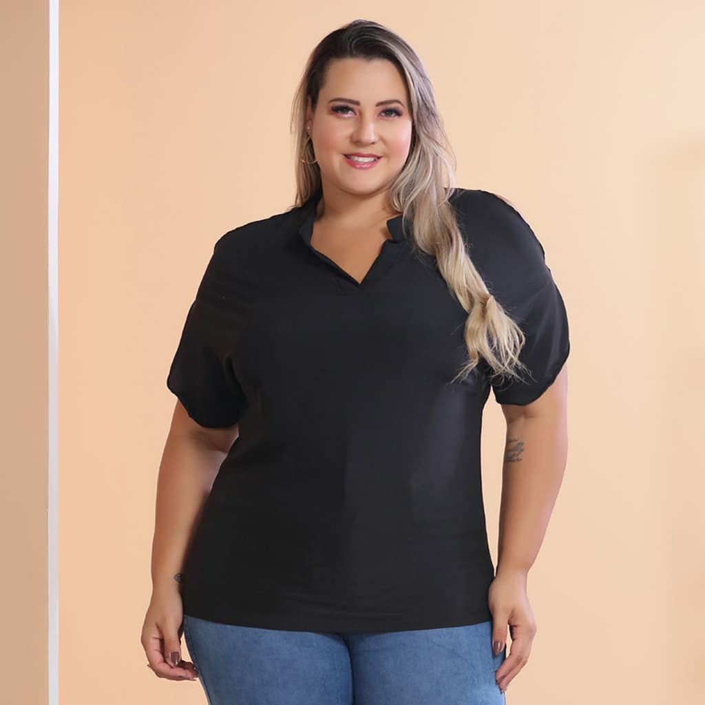 Blusa Feminina Plus Size Gola V Lapeda Ombro Vazado/COD:B33