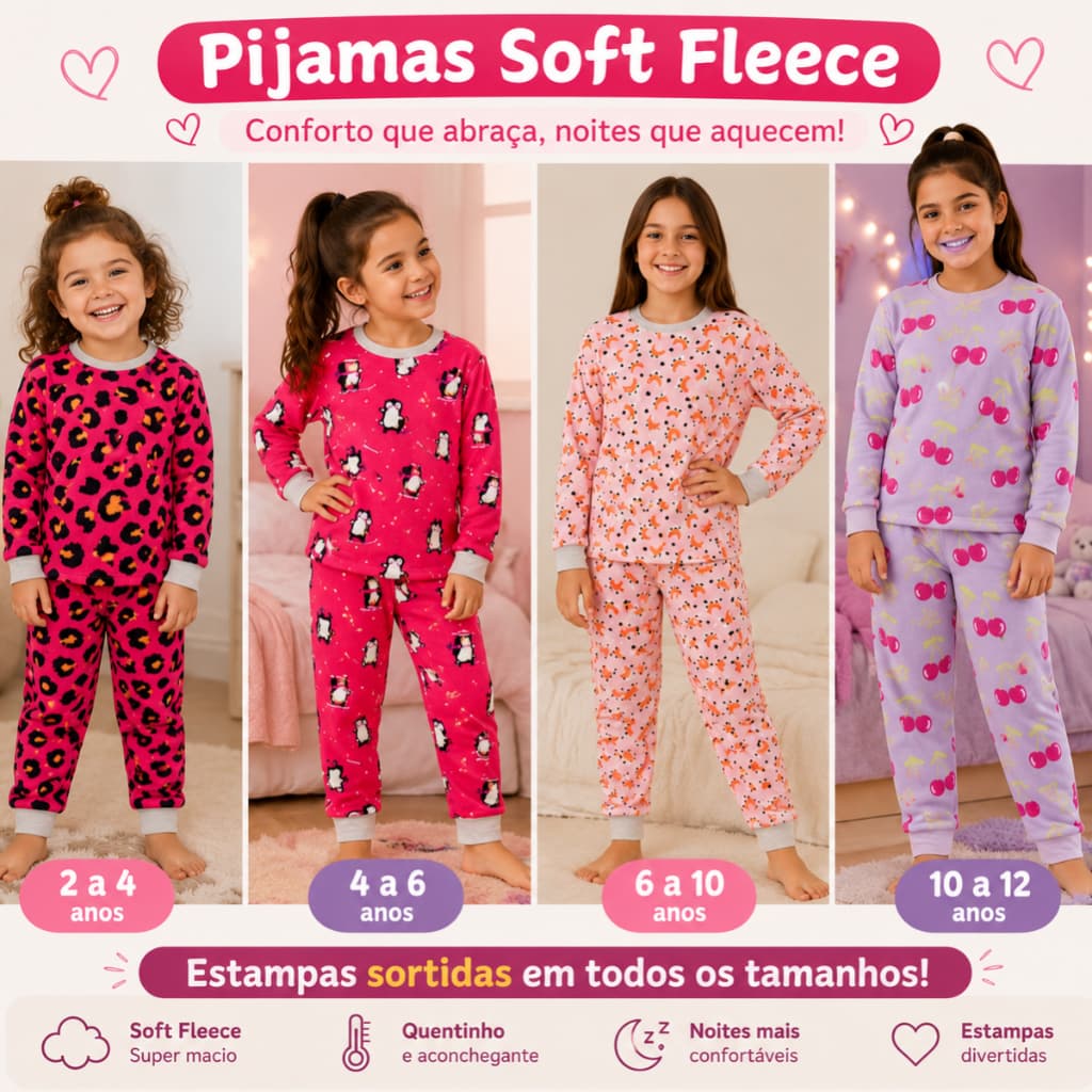 Pijama infantil Soft Fleece Inverno Estampas Sortidas Fechado Quentinho Feminino do Tamanho 2 Ao 12