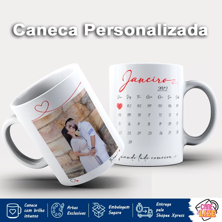 Caneca Porcelana Personalizada com Calendário, Foto e Data Especial – Presente Criativo para Namorados, Amigos e Família