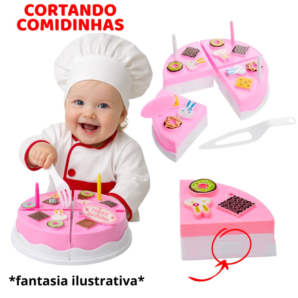 Kit Cozinha Brinquedo Cortar Bolo Para Bebês Fatias de Velcro + Faquinha Infantil