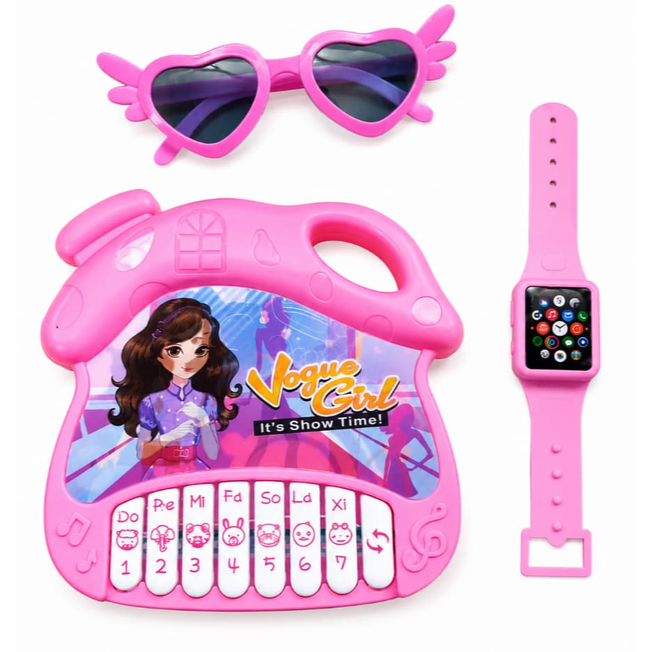 Kit Teclado Musical Infantil Com Óculos e Relógio de Brinquedo Rosa Som e Luz