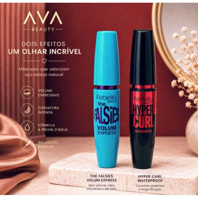 Máscara de Cílios Bella Makeup | Colossal Lashes e Super Curl | Alonga e Dá Volume