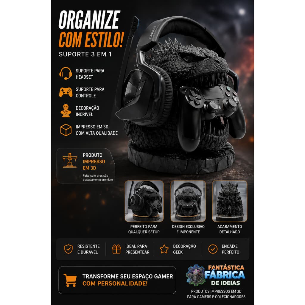 Suporte Gamer 3 em 1 Godzilla – Organizador para Headset e Controle | Impresso em 3D Premium
