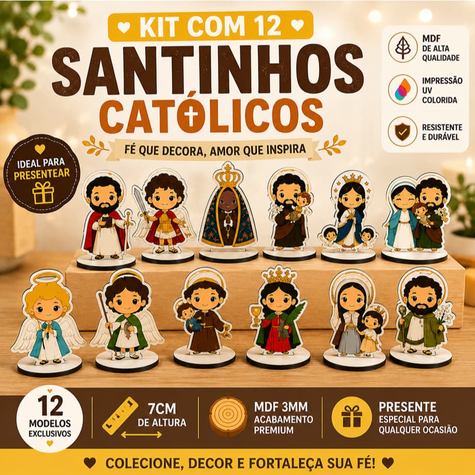 Kit 12 Santinhos Católicos MDF 7cm Nossa Senhora Aparecida Santos Religiosos Presente Fé Decoração