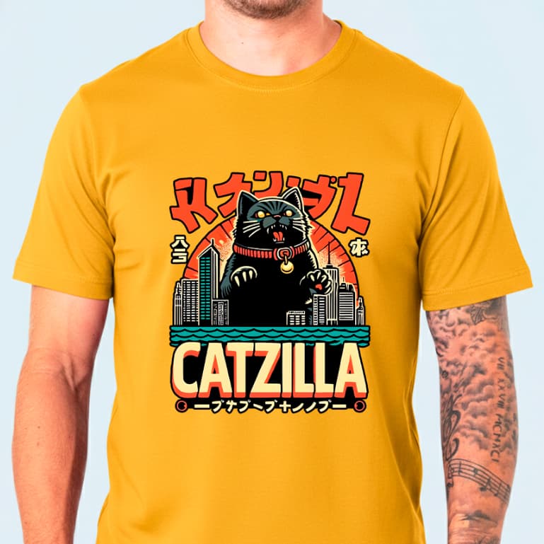 Camiseta CATZILLA Gato Japonês Masculino e Feminino 100% algodão Streetwear