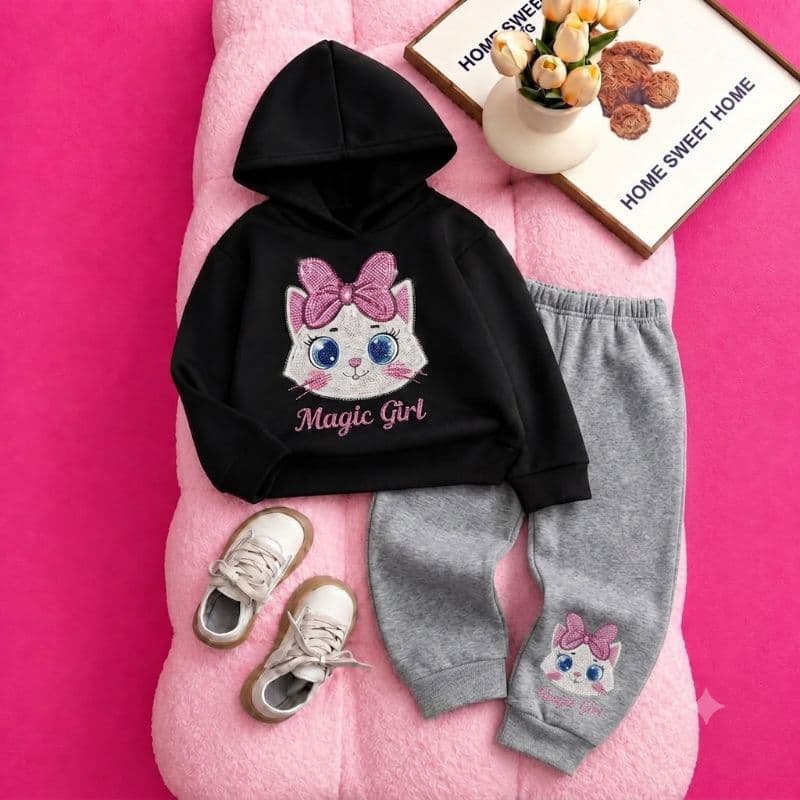 Conjunto Moletom blusa e calça  com Estampa gatinho com laço Casual para Jovem Menina, Adequado para Inverno