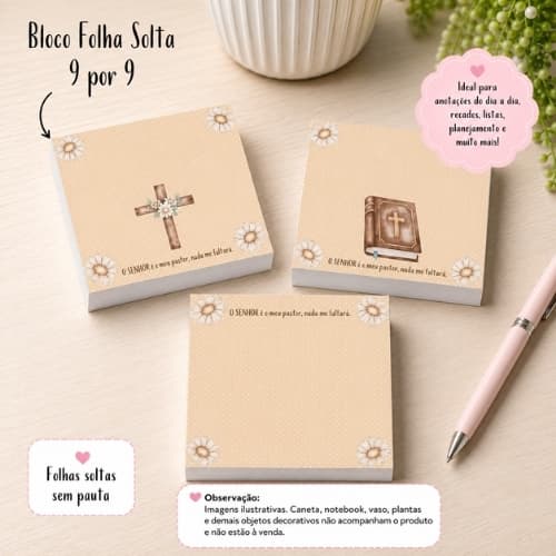 Kit 3 Blocos Folhas Soltas "Salmos 23 Misto" 9cm por 9cm Papelaria.