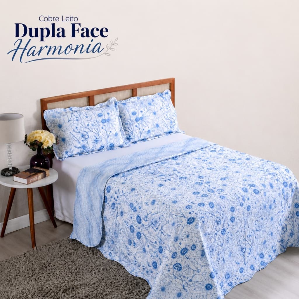 Cobre leito Casal kit 3 peças Colcha Dupla Face Queen e King Estampas Florais Toque Macio - Camesa