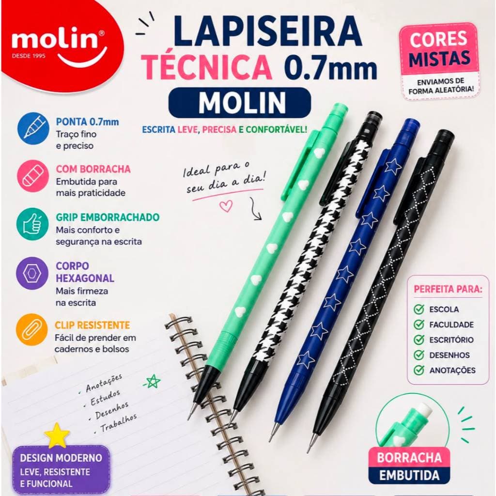 Lapiseira Técnica Molin 0.7mm com Borracha Cores Mistas Escolar Escritório