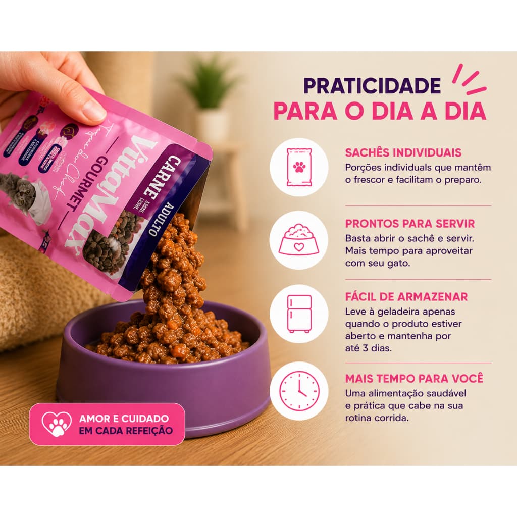 Kit Sachês para Gato Alimentação Natural Carne ou Salmão 85g Vittamax Refeição Completa Saudável Sem Conservantes