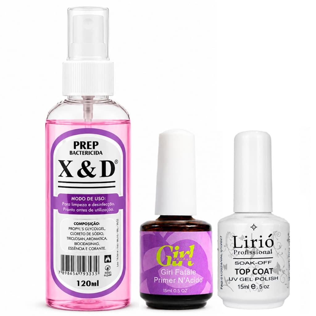 Kit Top Coat Primer Base Lirió Prep  Preparadores Unha Gel e Fibra Profissional