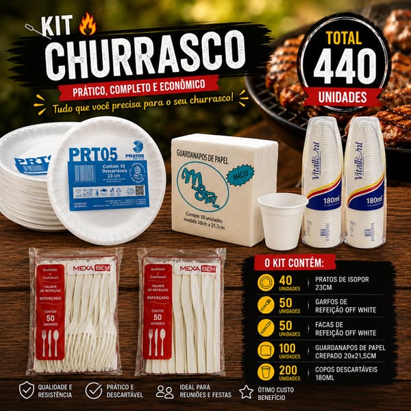 Kit Churrasco Descartável 440 Unidades – 40 Pratos de Isopor + 200 Copos + 50 Garfos + 50 Facas + 100 Guardanapos