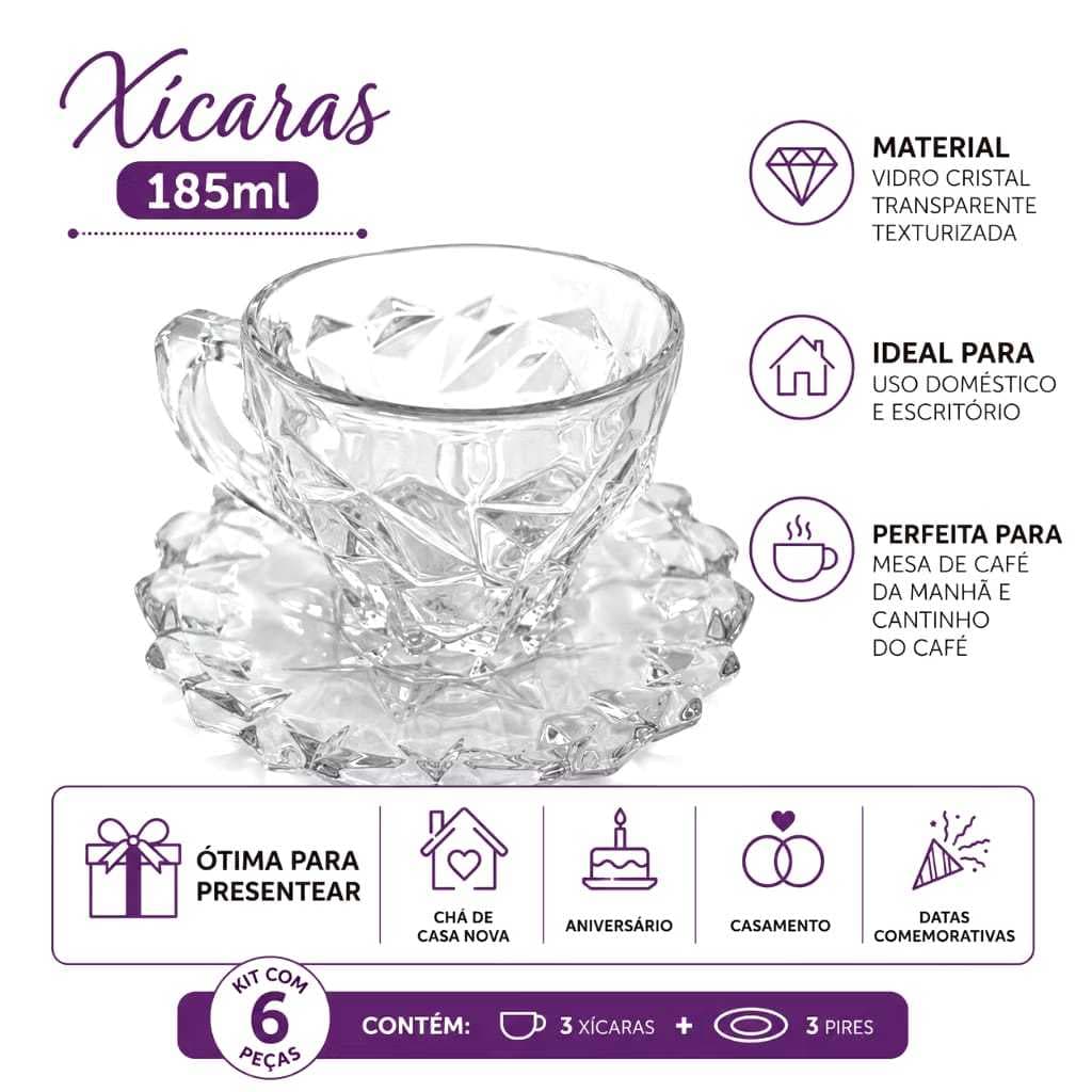 Jogo 3 Xícaras De Vidro Com Pires Para Café Chá Cantinho Do Café