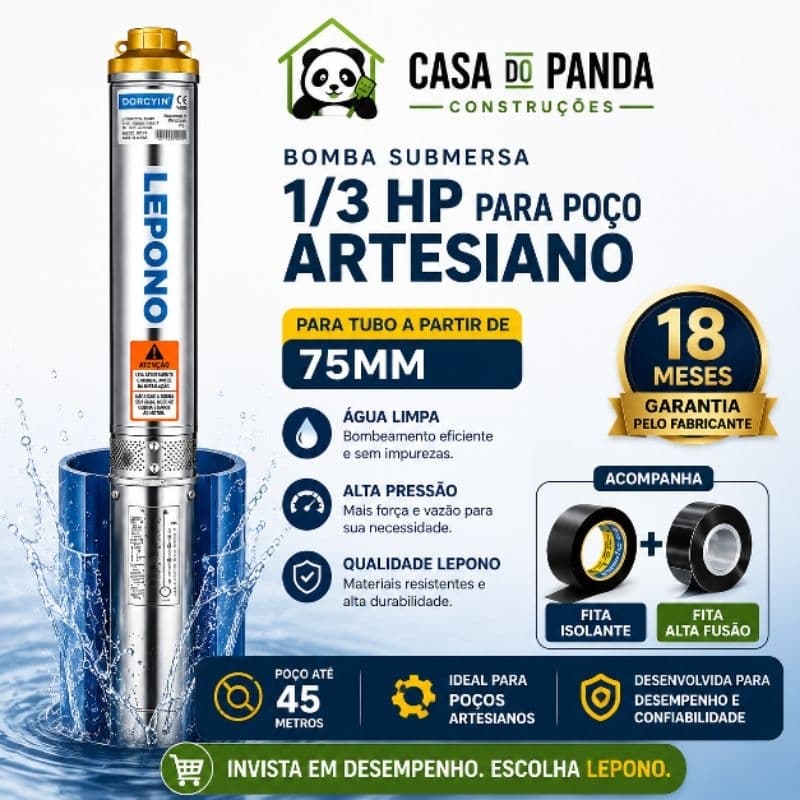 Bomba Caneta Palito Submersa 1/3 HP 127V Para Poço Artesiano Tubo 75MM Até 45 Metros, Água Limpa
