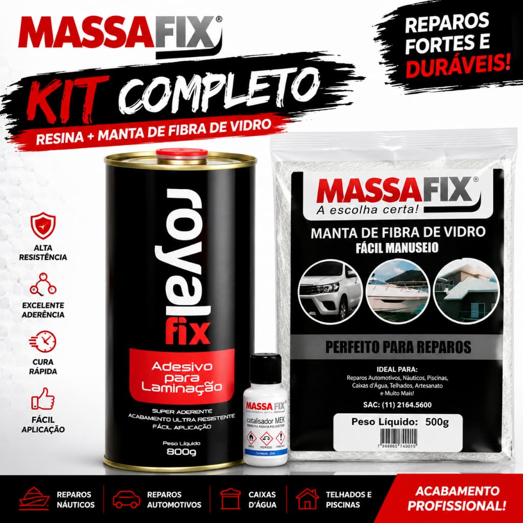 Kit Resina Fibra de Vidro com Manta Massafix Reparo Automotivo Náutico Alta Resistência