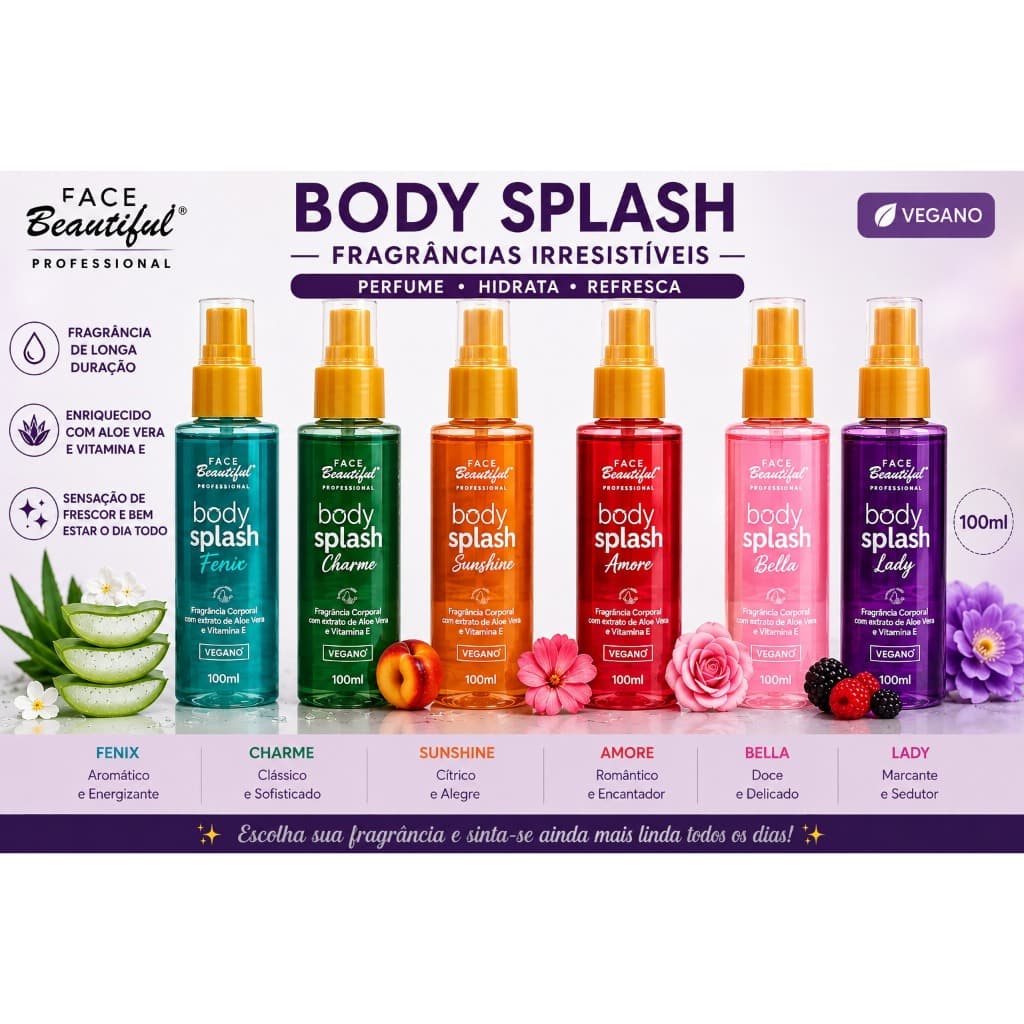 Body Splash Face Beautiful 100ml Vegano Aloe Vera Vitamina E Perfume Corporal