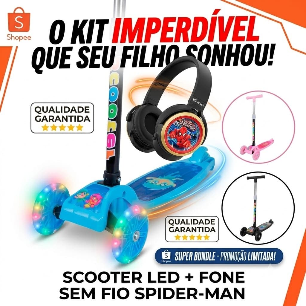 Patinete 3 Rodas Com Rodas Que Brilham + Fone Bluetooth Sem Fio Do Homem Aranha