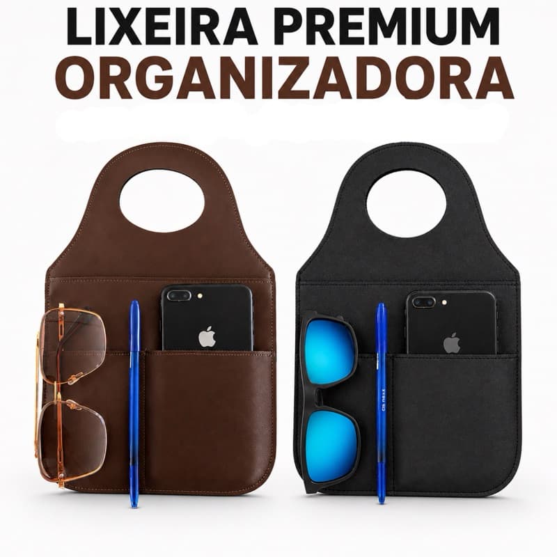 Lixeira Em Couro para Carro Premium com Bolso Porta Celular e Objetos