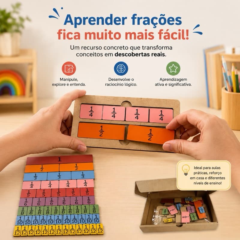 Jogo de Frações Equivalentes em MDF - Régua de Frações - Material Pedagógico Matemática 51 pçs