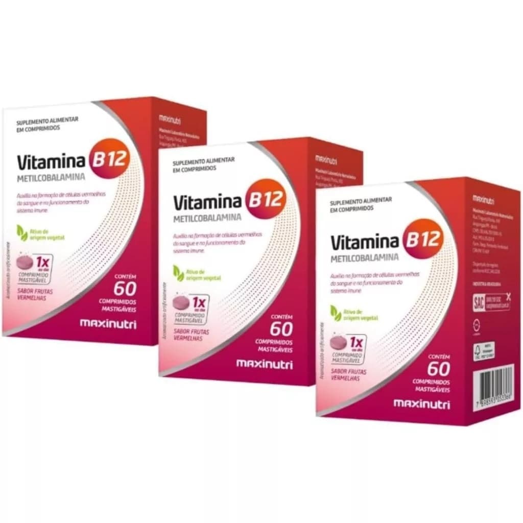 Kit 3 Vitamina B12 Metilcobalamina 60 Capsulas Mastigaveis Maxinutri