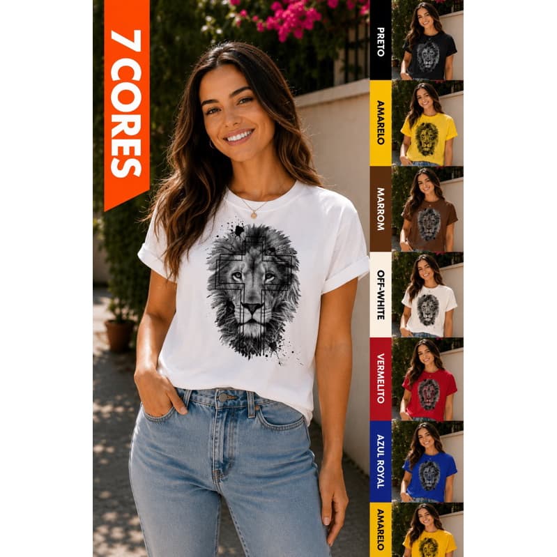 Camiseta Feminina Leão de Judá Cruz Cristã Estampada 100% Algodão T-Shirt Blusa Blusinha Camisa Moda Gospel Deus Jesus