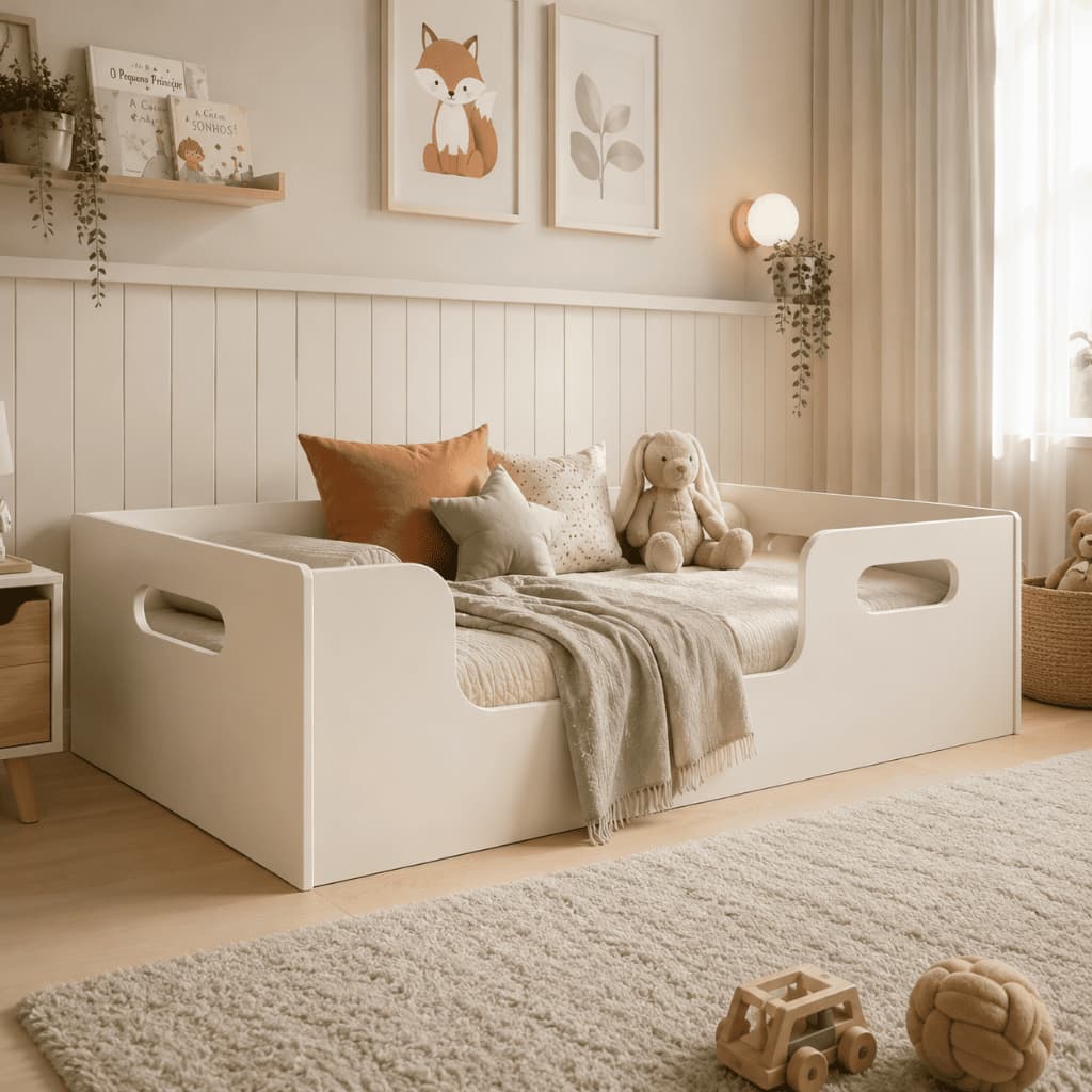 Mini Cama Montessoriana Infantil Branco Grade Proteção MDF Com Colchão Incluso 150x70cm