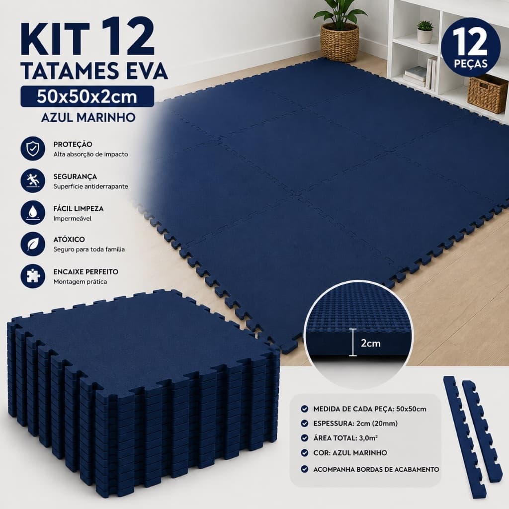 Kit 12 Placas Tatames Tapete Eva 50x50x2cm 20mm Azul Marinho Linha Premium com Bordas de Acabamento