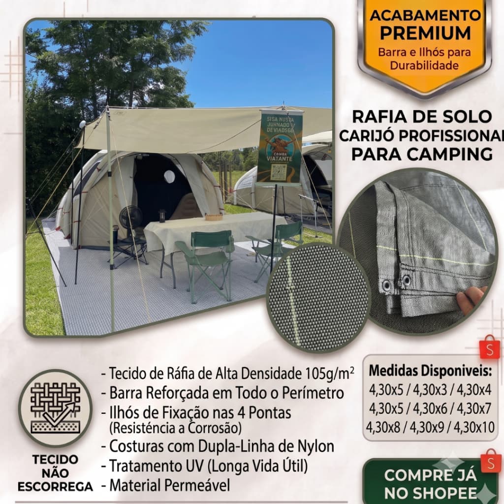 Rafia de solo carijó para camping largura de  4,00 metros com ilhós nas quatro pontas