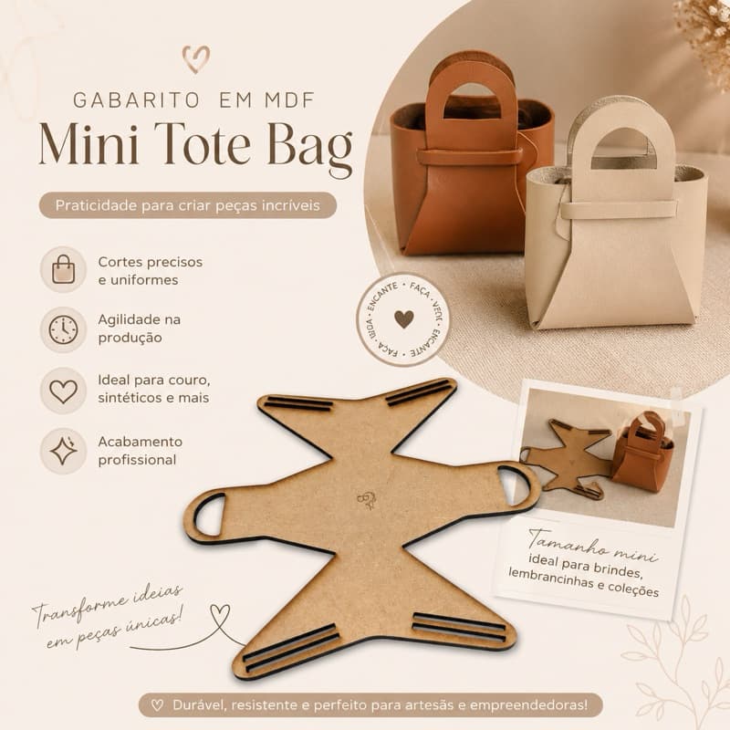 Gabarito em MDF Mini Tote Bag | Molde para Bolsa em Sintético, Couro e Feltro , Papel , Eva | Artesanato