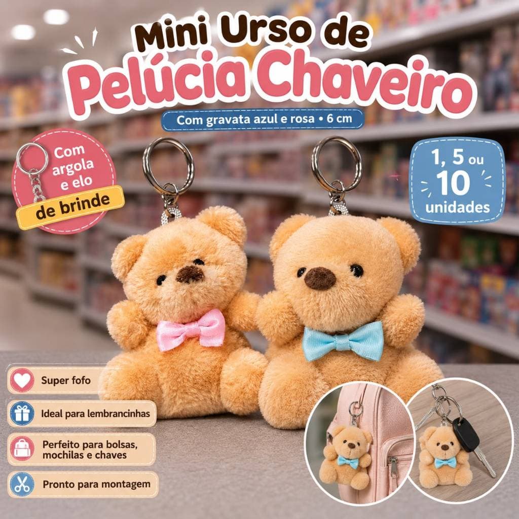 Montagem de Chaveiro Mini Urso de Pelúcia com Gravata Azul e Rosa– 6cm, Com Argola E Elo De Brinde
