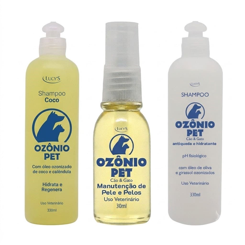 Kit Cuidados Pet Lucy's Ozônio Pet (Shampoo Coco + Shampoo Antiqueda + Spray) 690m