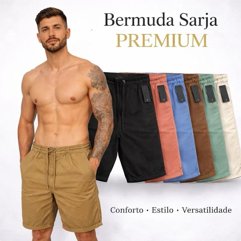 Bermuda Sarja Masculina - Comprida - Bordado na Perna
