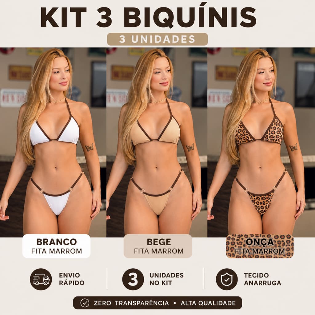 Kit 3 Biquíni Feminino Marquinha  Fita Fio Dental Cortininha Moda Bronze Biquine Suplex Regulagem Sem Bojo PRAIA VERÃO